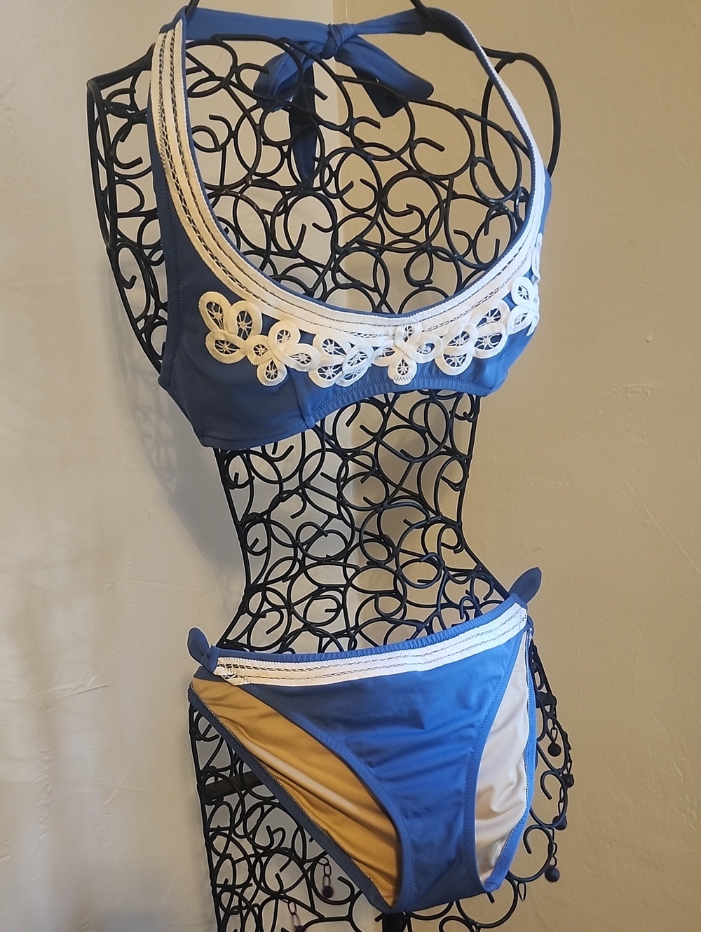 Women’s Blue Two-Piece Bikini with Ivory Trim